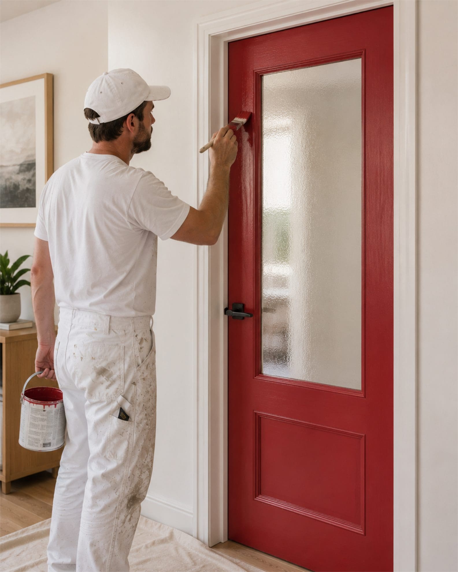 Interior house painters decorating and painting a door red