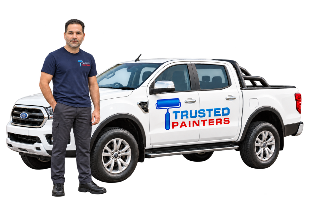 Man in a navy T shirt stands beside a white Ford pickup branded with the Trusted Painters logo on the door panel