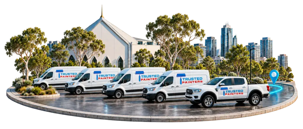 Row of white Trusted Painters vans parked on a circular driveway with trees and a city skyline in the background