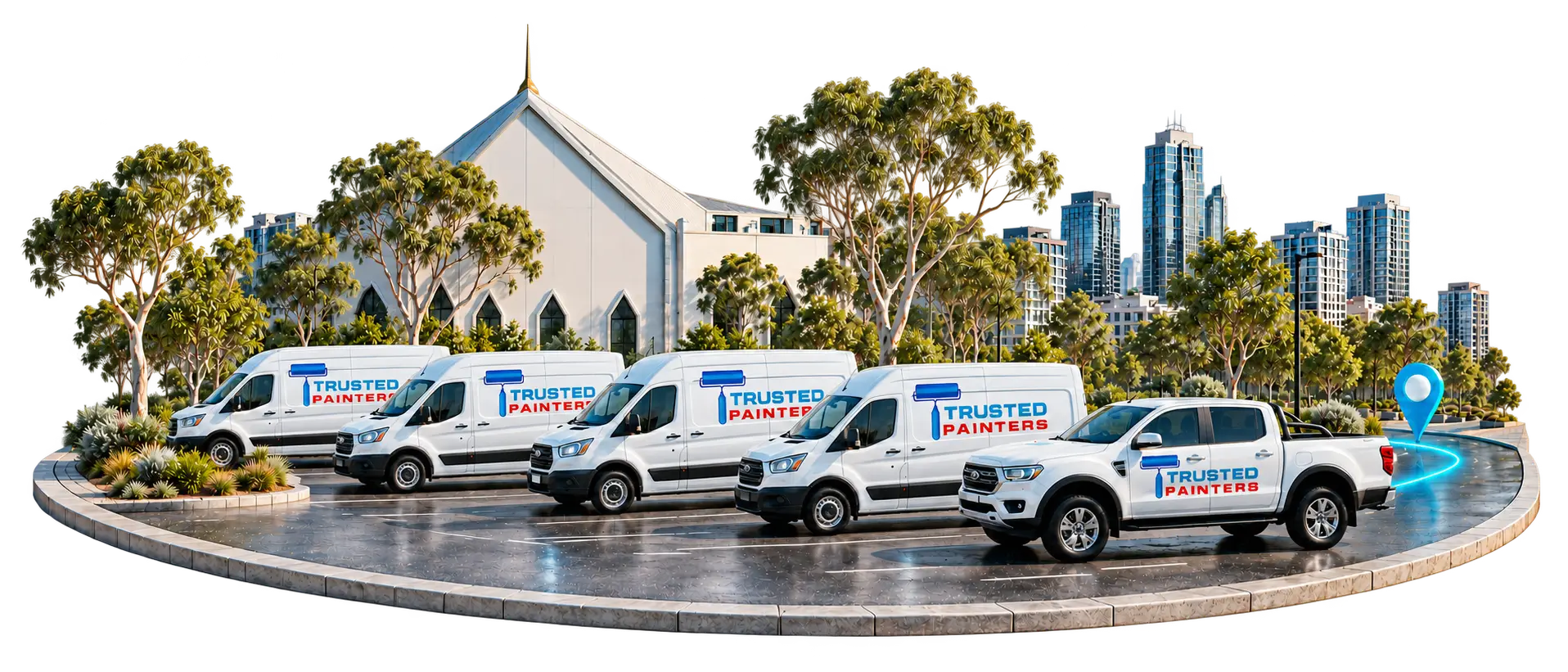 Row of white Trusted Painters vans parked on a circular driveway with trees and a city skyline in the background