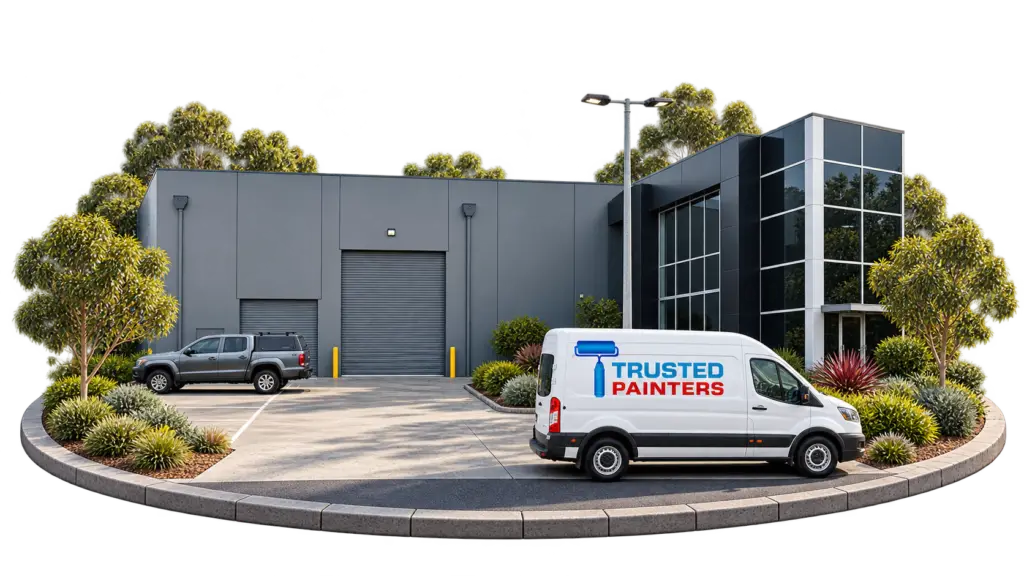 Industrial building with loading bay landscaping and a white van labeled Trusted Painters in foreground