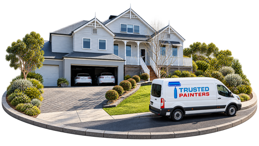 Two story gray house with a front porch and well kept landscaping a white van labeled Trusted Painters parked on the curb nearby